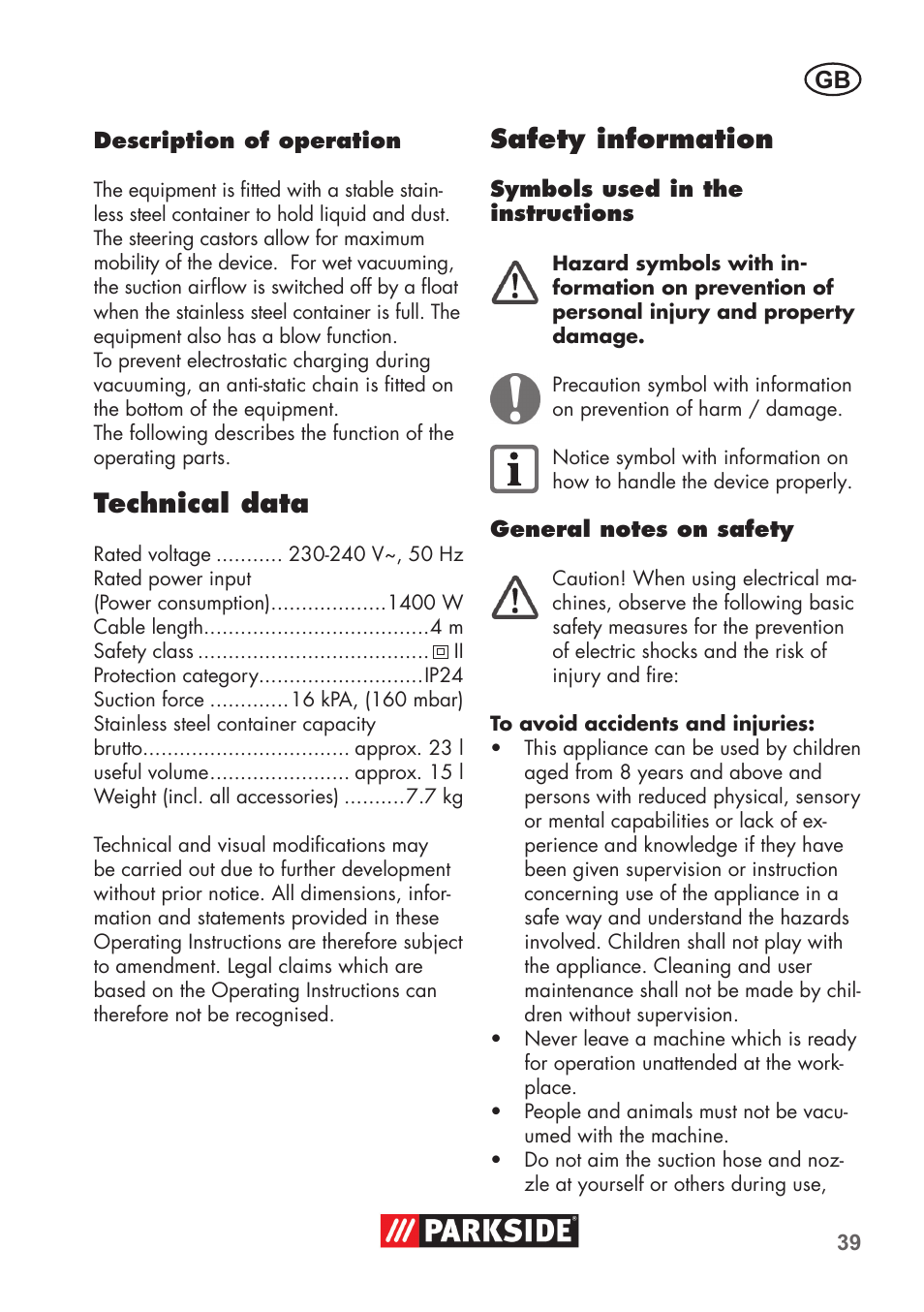 Technical data, Safety information | Parkside PNTS 1400 C1 User Manual | Page 39 / 52