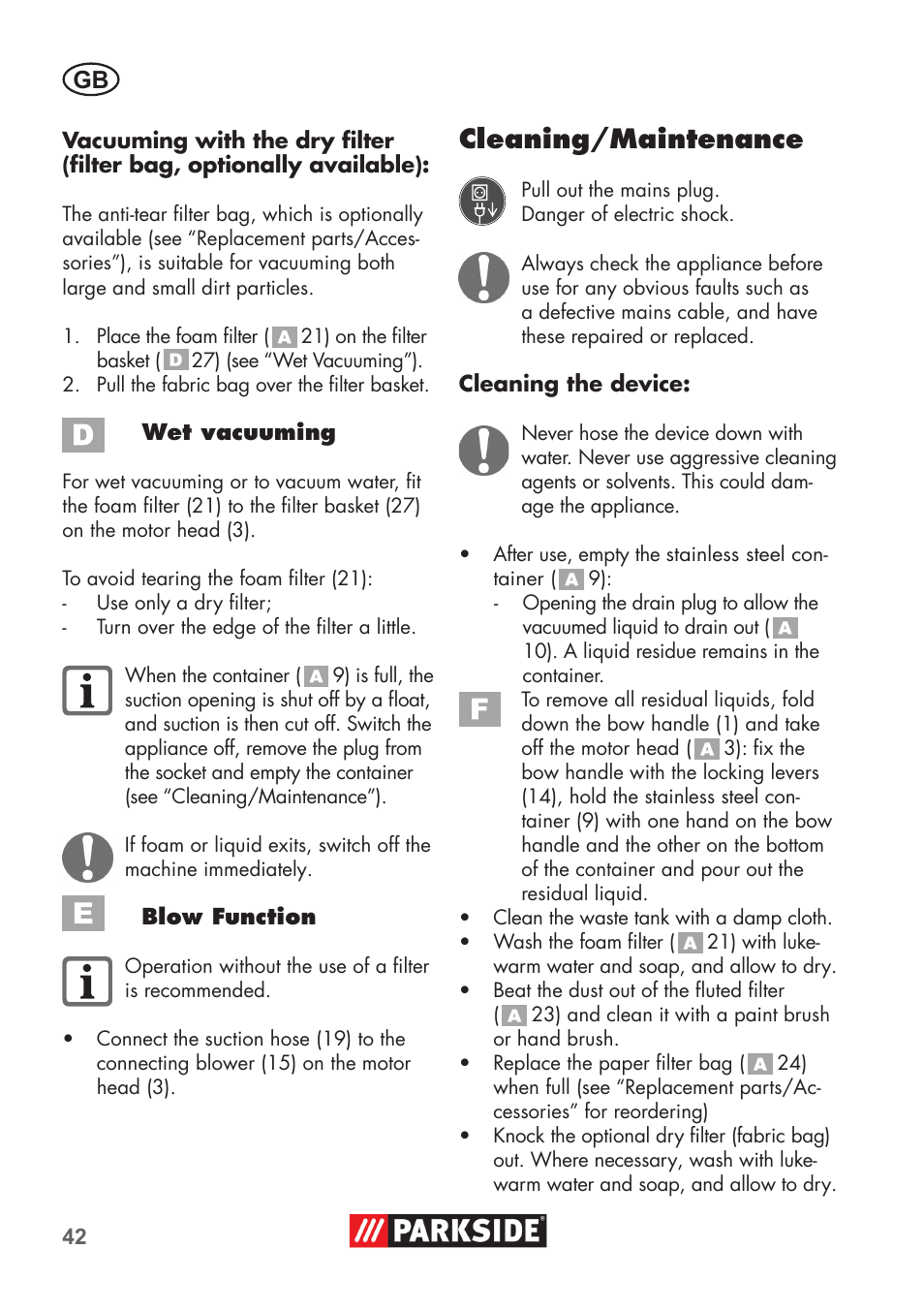 Cleaning/maintenance | Parkside PNTS 1400 C1 User Manual | Page 42 / 52