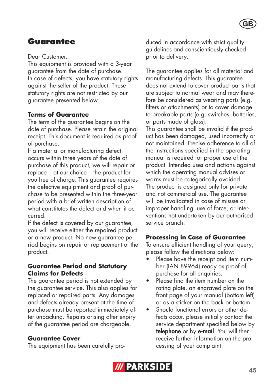Guarantee | Parkside PNTS 1400 C1 User Manual | Page 45 / 52