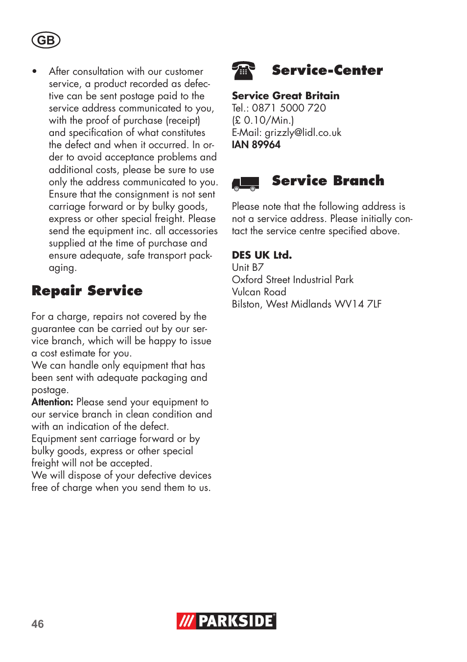 Repair service, Service-center, Service branch | Parkside PNTS 1400 C1 User Manual | Page 46 / 52