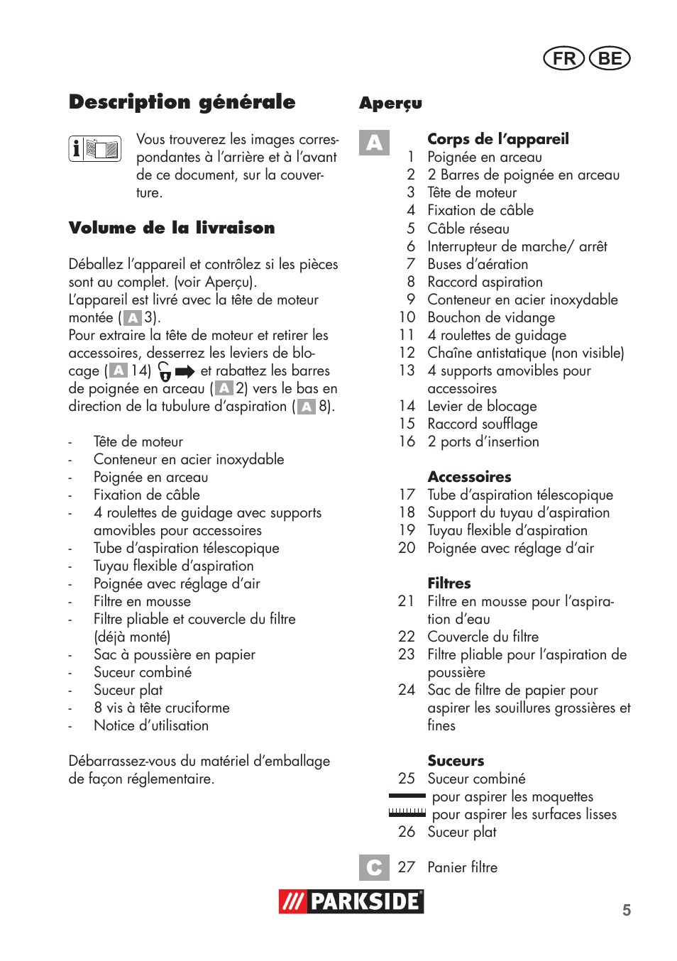 Description générale, Be fr | Parkside PNTS 1400 C1 User Manual | Page 5 / 52