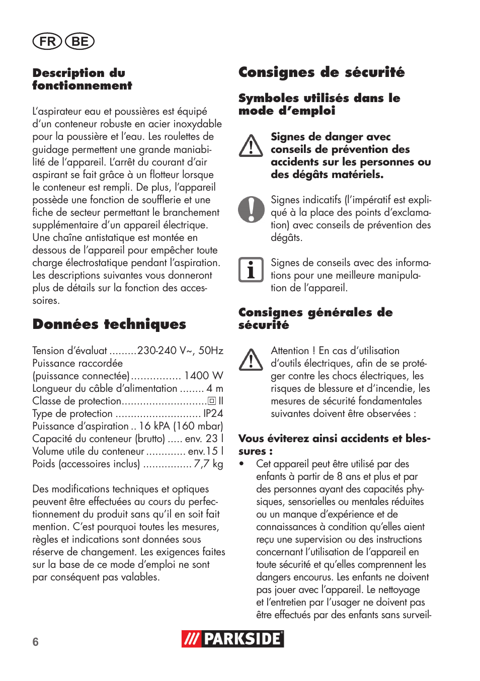 Données techniques, Consignes de sécurité, Fr be | Parkside PNTS 1400 C1 User Manual | Page 6 / 52