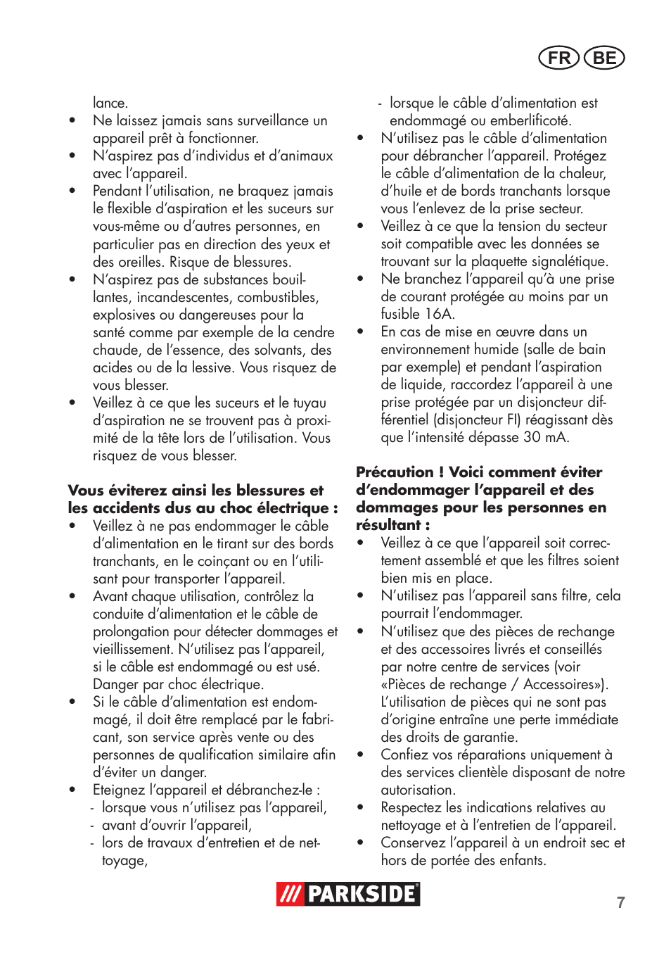 Be fr | Parkside PNTS 1400 C1 User Manual | Page 7 / 52