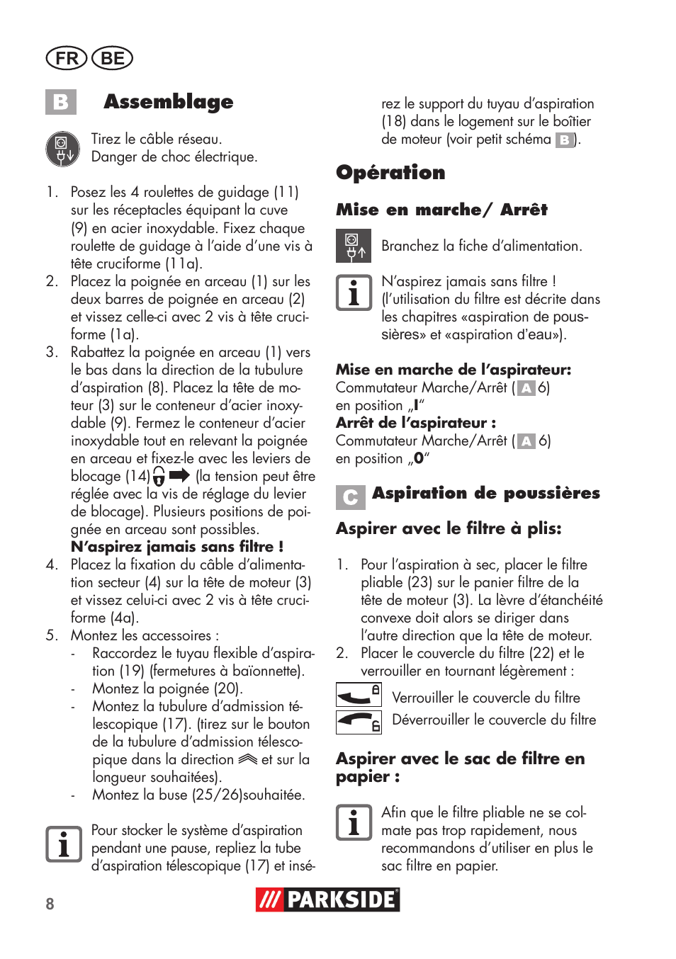 Assemblage, Opération, Fr be | Parkside PNTS 1400 C1 User Manual | Page 8 / 52