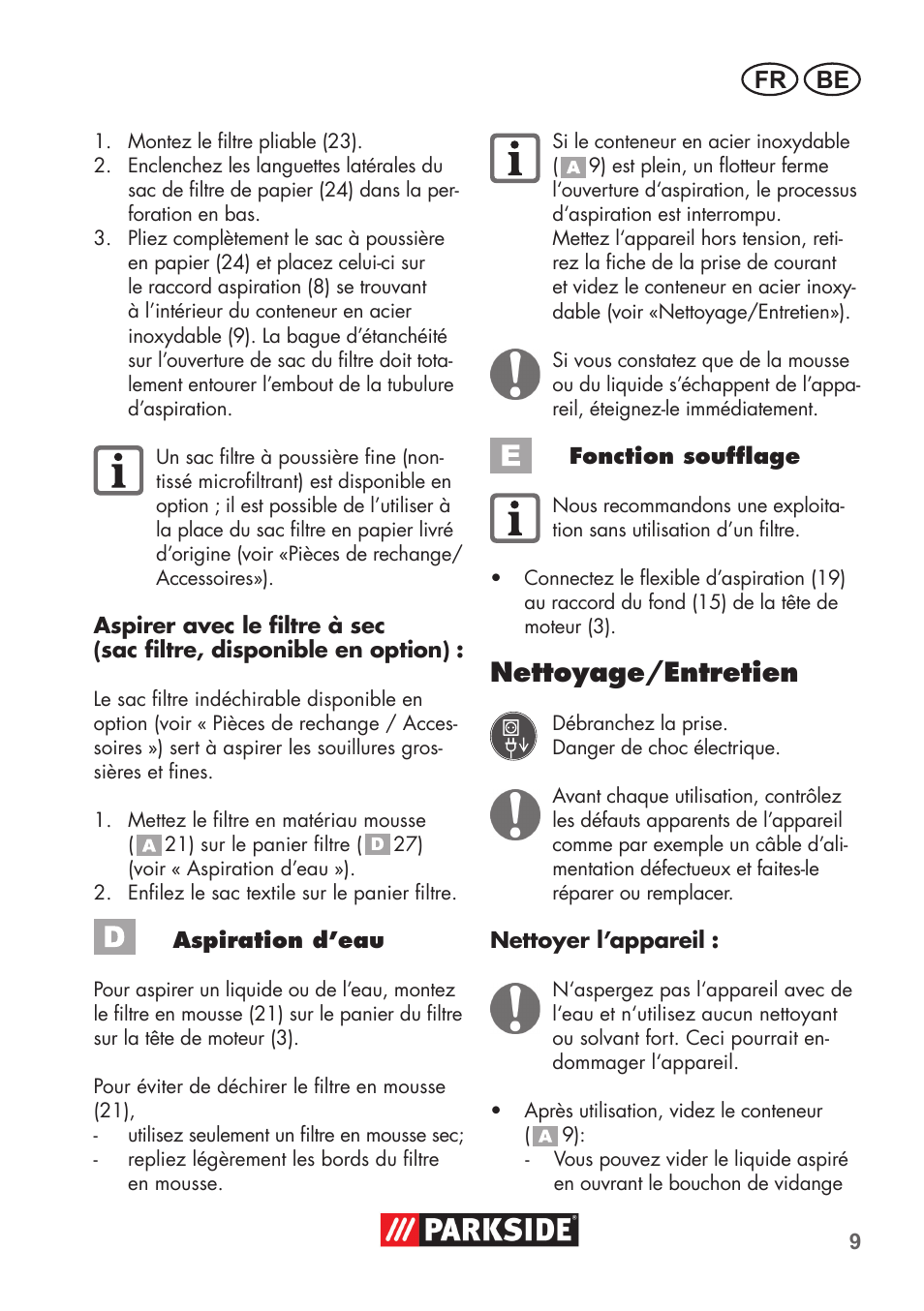 Nettoyage/entretien, Be fr | Parkside PNTS 1400 C1 User Manual | Page 9 / 52