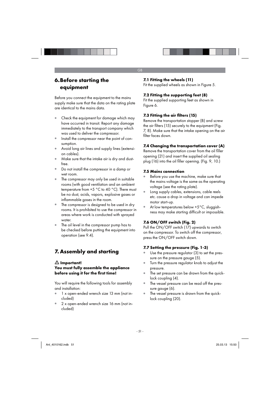 Before starting the equipment, Assembly and starting | Parkside PKO 400 B2 User Manual | Page 51 / 62