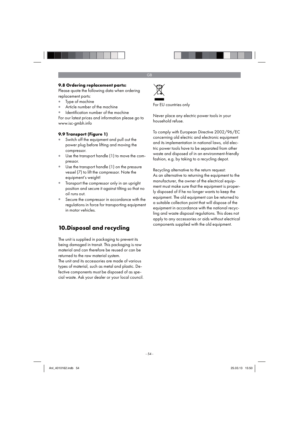 Disposal and recycling | Parkside PKO 400 B2 User Manual | Page 54 / 62