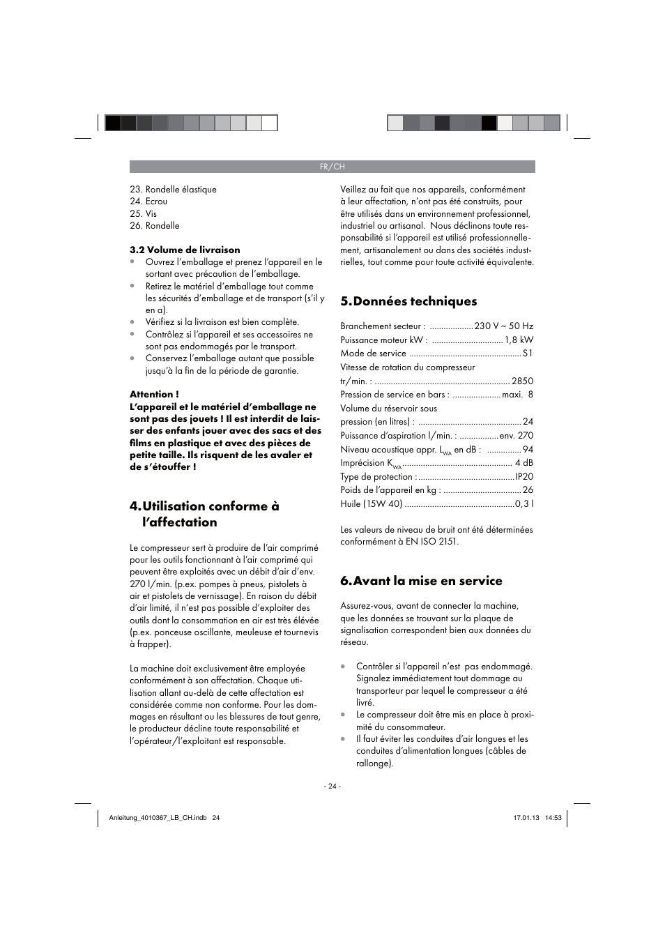 Utilisation conforme à l’affectation, Données techniques, Avant la mise en service | Parkside PKO 270 A1 User Manual | Page 24 / 62