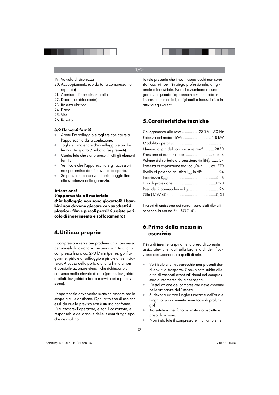 Utilizzo proprio, Caratteristiche tecniche, Prima della messa in esercizio | Parkside PKO 270 A1 User Manual | Page 37 / 62