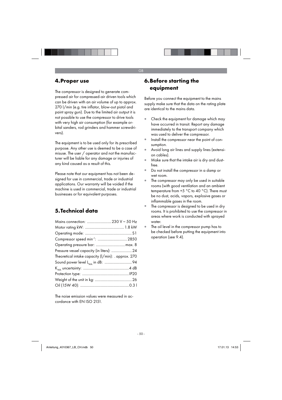 Proper use, Technical data, Before starting the equipment | Parkside PKO 270 A1 User Manual | Page 50 / 62