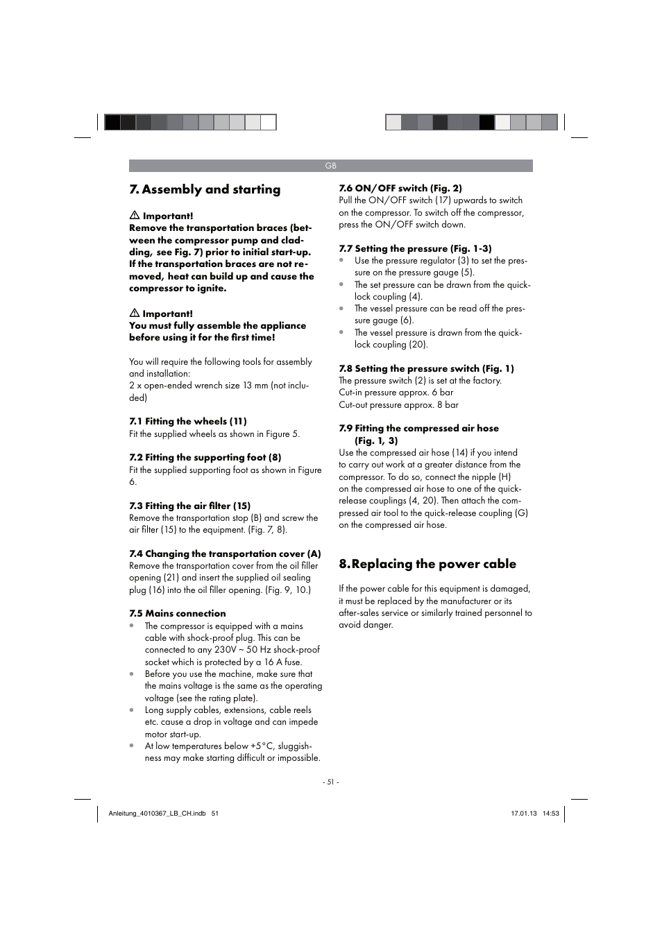 Assembly and starting, Replacing the power cable | Parkside PKO 270 A1 User Manual | Page 51 / 62