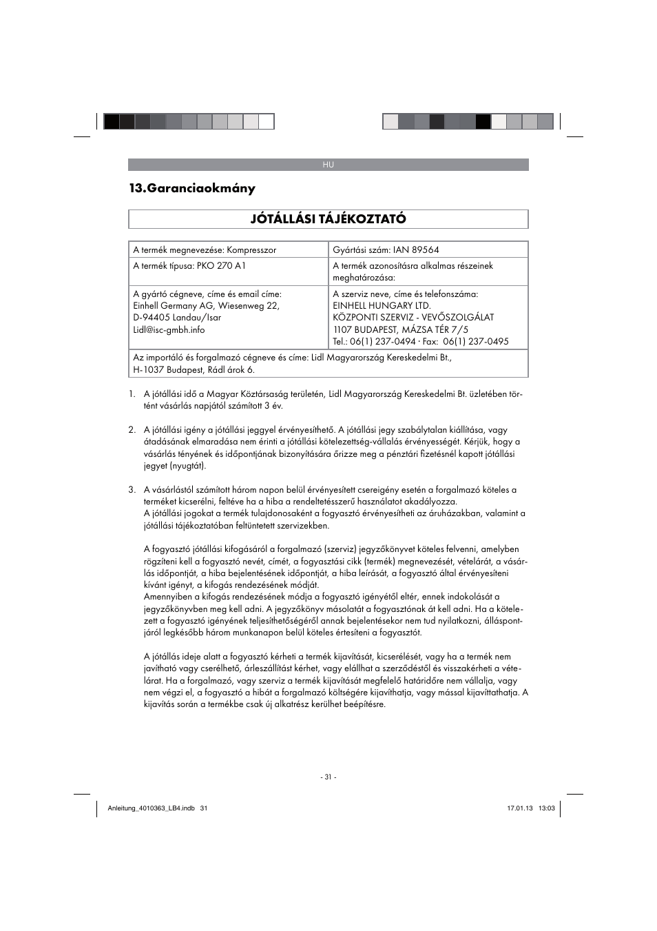 Garanciaokmány jótállási tájékoztató | Parkside PKO 270 A1 User Manual | Page 31 / 98