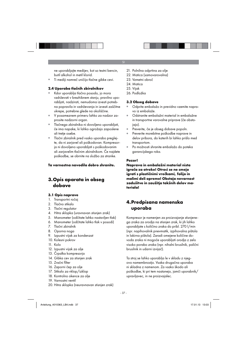Opis aparata in obseg dobave, Predpisana namenska uporaba | Parkside PKO 270 A1 User Manual | Page 37 / 98