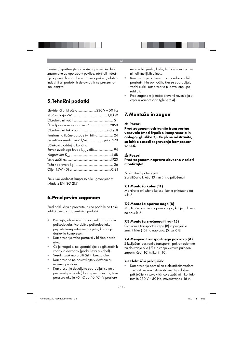 Tehnični podatki, Pred prvim zagonom, Montaža in zagon | Parkside PKO 270 A1 User Manual | Page 38 / 98