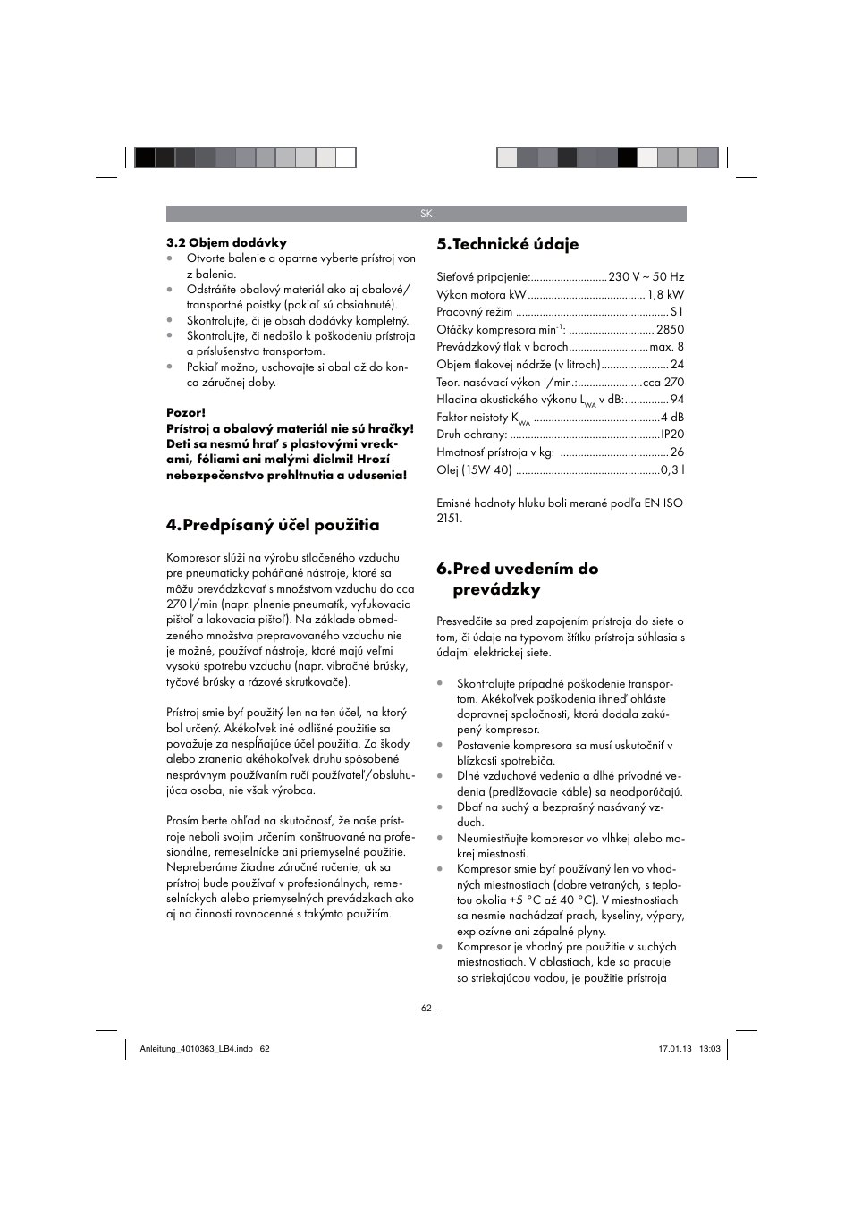 Predpísaný účel použitia, Technické údaje, Pred uvedením do prevádzky | Parkside PKO 270 A1 User Manual | Page 62 / 98