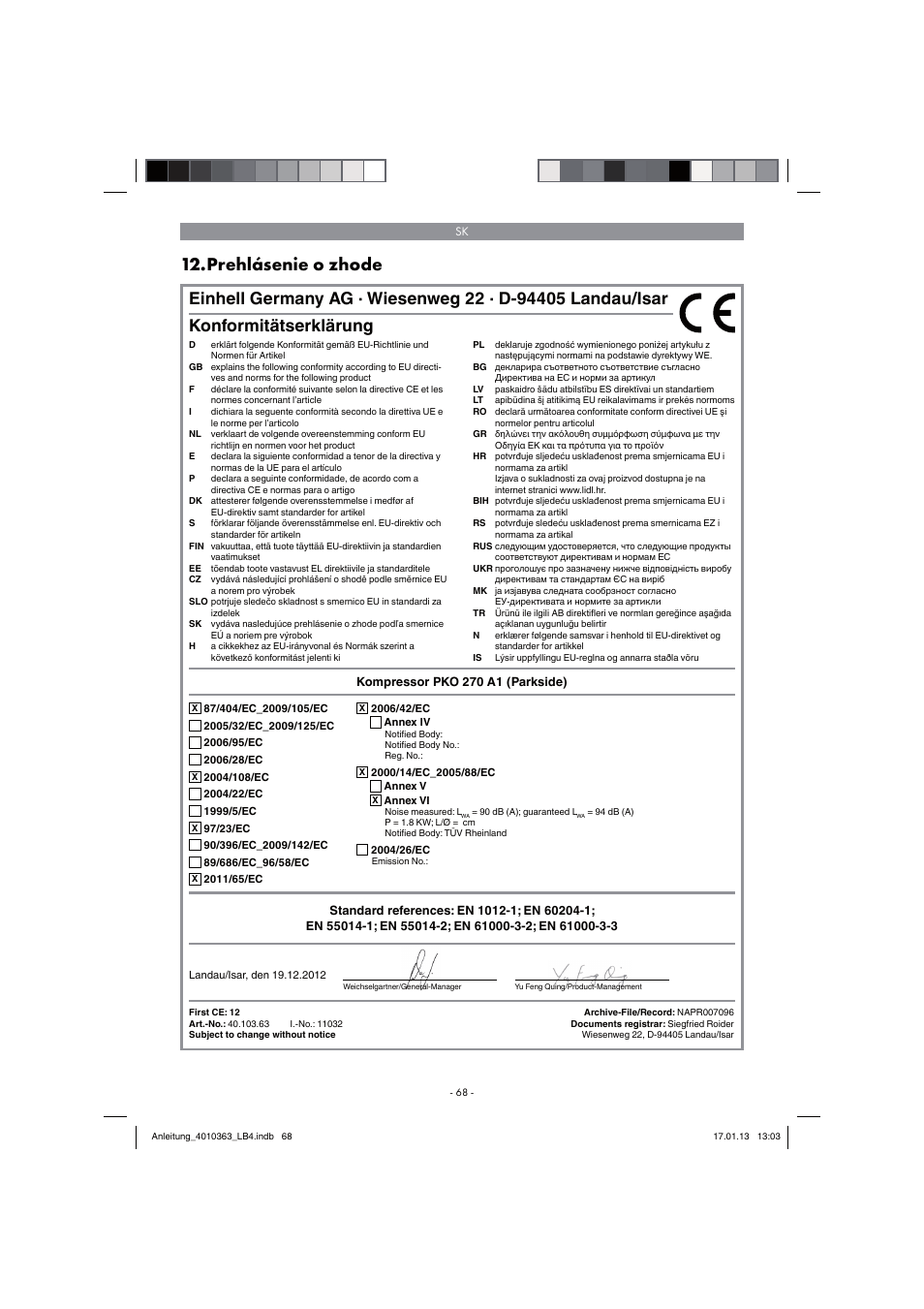 Prehlásenie o zhode, Konformitätserklärung | Parkside PKO 270 A1 User Manual | Page 68 / 98