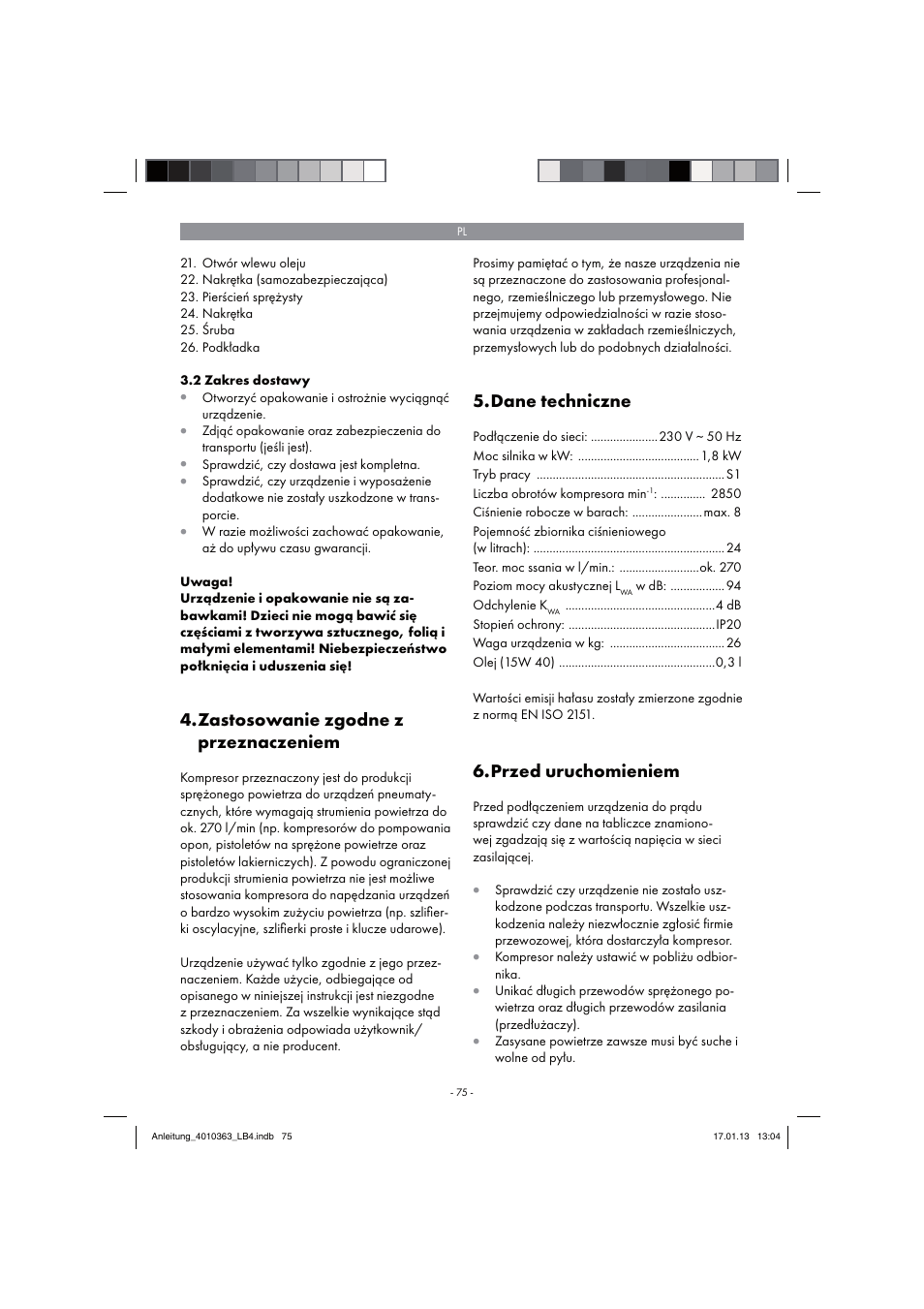 Zastosowanie zgodne z przeznaczeniem, Dane techniczne, Przed uruchomieniem | Parkside PKO 270 A1 User Manual | Page 75 / 98