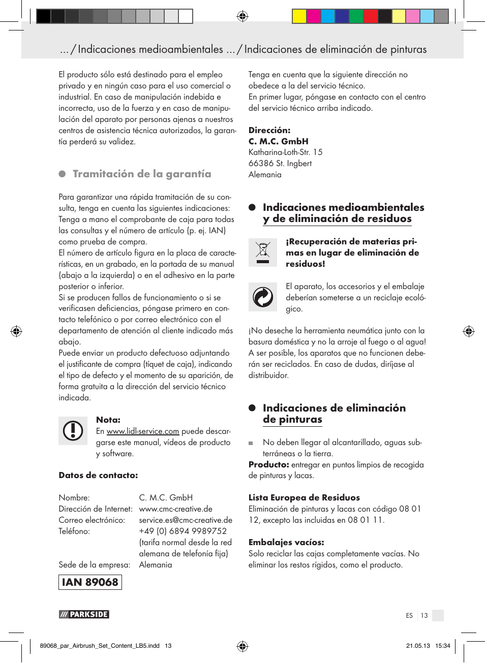 Tramitación de la garantía, Indicaciones de eliminación de pinturas | Parkside PABK 60 A1 User Manual | Page 13 / 55