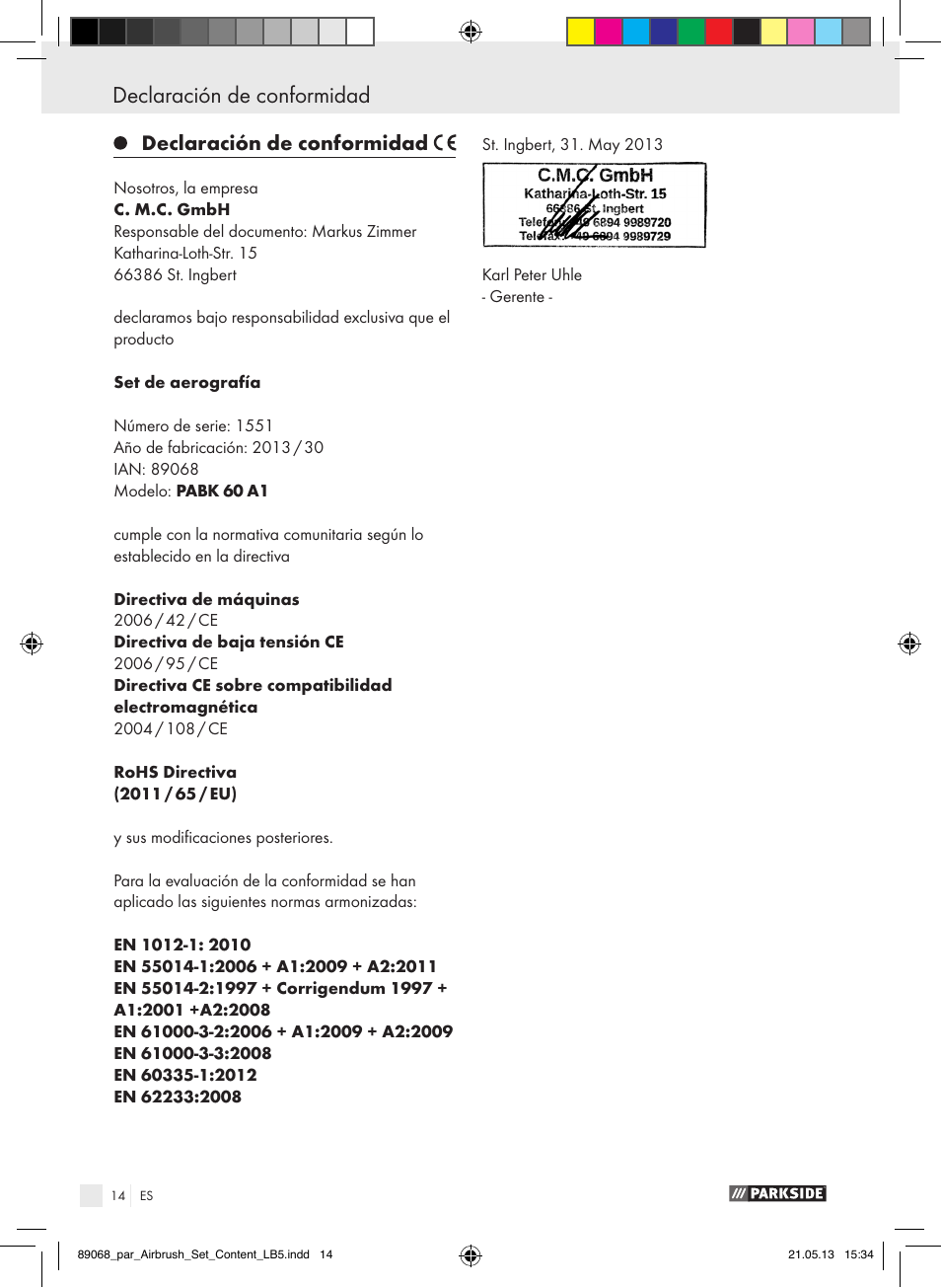 Indice declaración de conformidad, Declaración de conformidad | Parkside PABK 60 A1 User Manual | Page 14 / 55