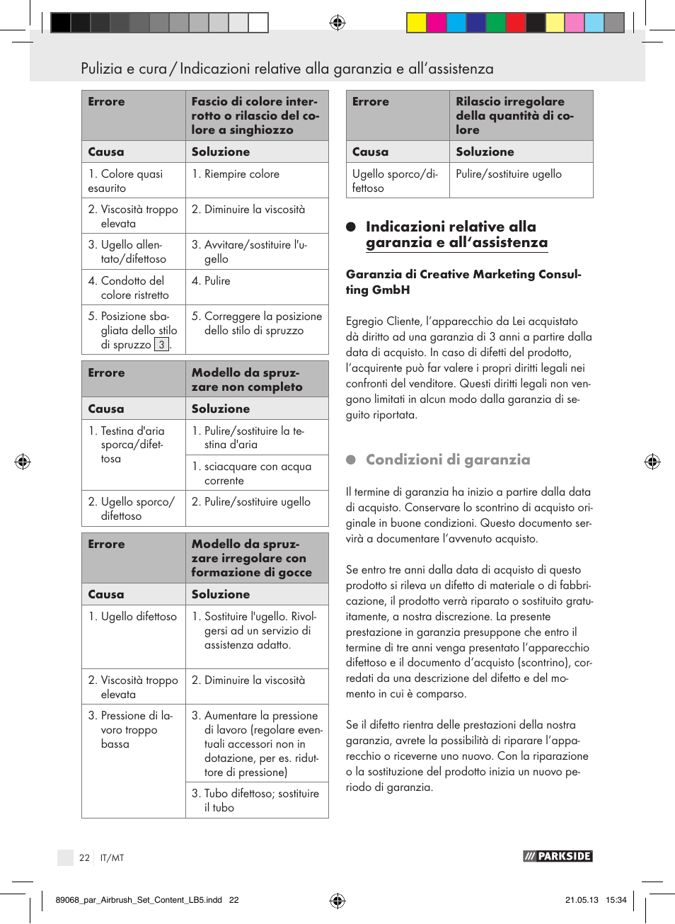 Condizioni di garanzia | Parkside PABK 60 A1 User Manual | Page 22 / 55