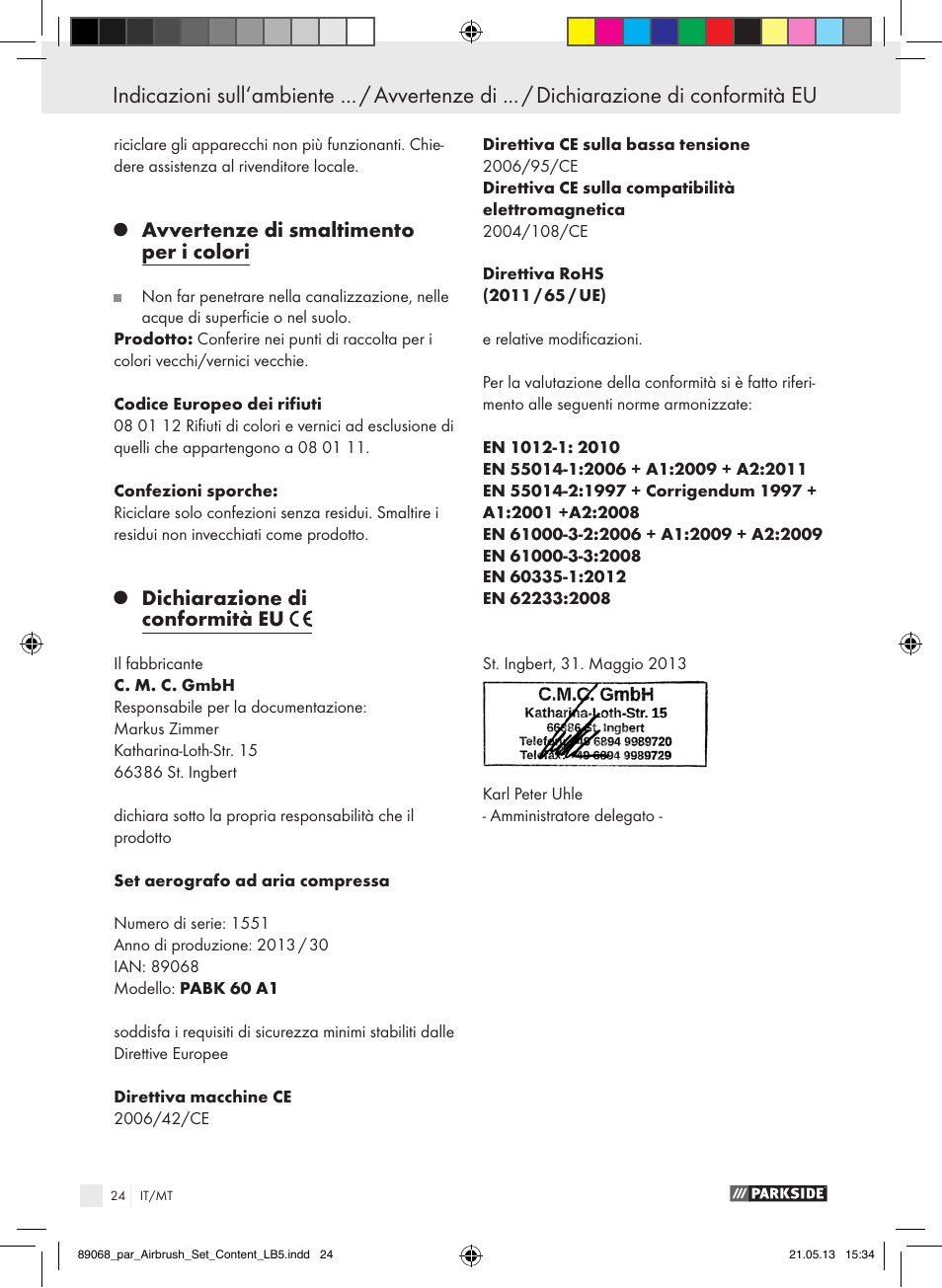 Índice, Avvertenze di smaltimento per i colori, Dichiarazione di conformità eu | Parkside PABK 60 A1 User Manual | Page 24 / 55