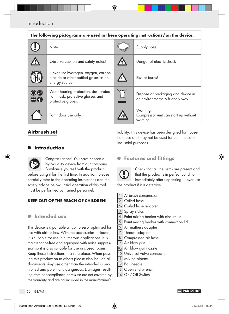 Airbrush set introduction, Intended use, Features and fittings | Parkside PABK 60 A1 User Manual | Page 36 / 55