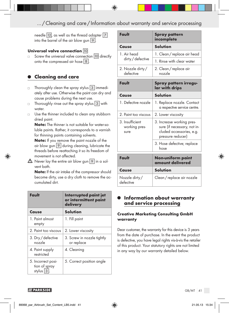 Cleaning and care, Information about warranty and service processing | Parkside PABK 60 A1 User Manual | Page 41 / 55