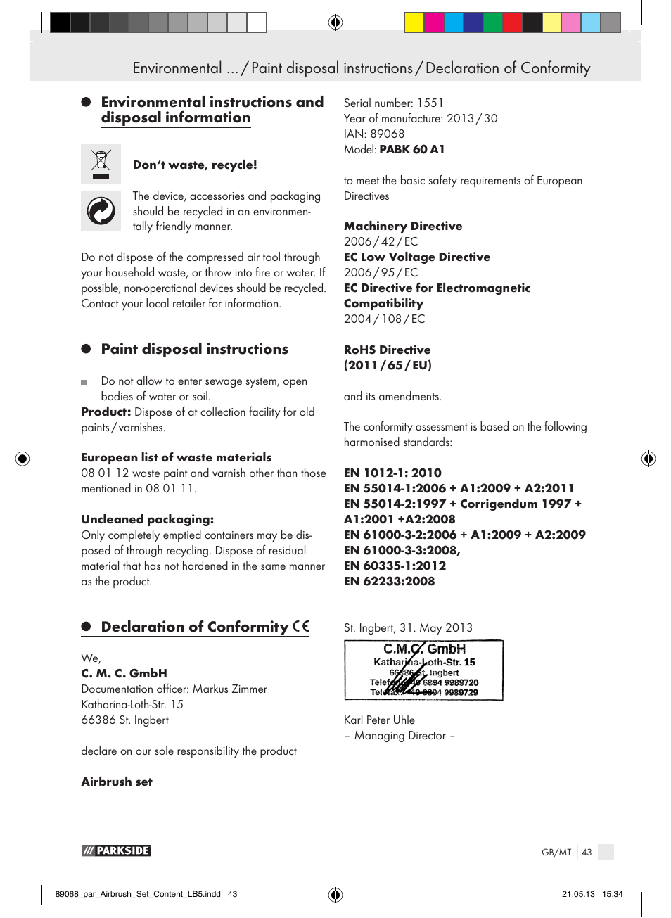 Paint disposal instructions, Declaration of conformity | Parkside PABK 60 A1 User Manual | Page 43 / 55