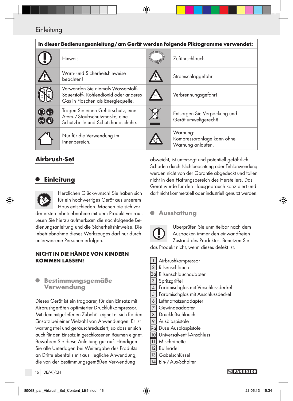 Einleitung, Airbrush­set einleitung, Bestimmungsgemäße verwendung | Ausstattung | Parkside PABK 60 A1 User Manual | Page 46 / 55