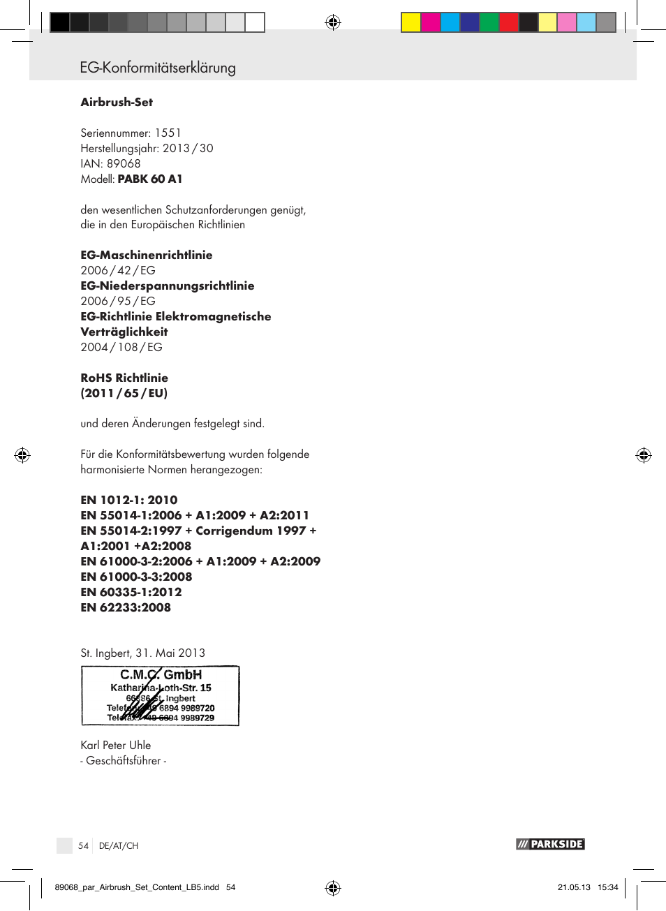 Eg-konformitätserklärung | Parkside PABK 60 A1 User Manual | Page 54 / 55