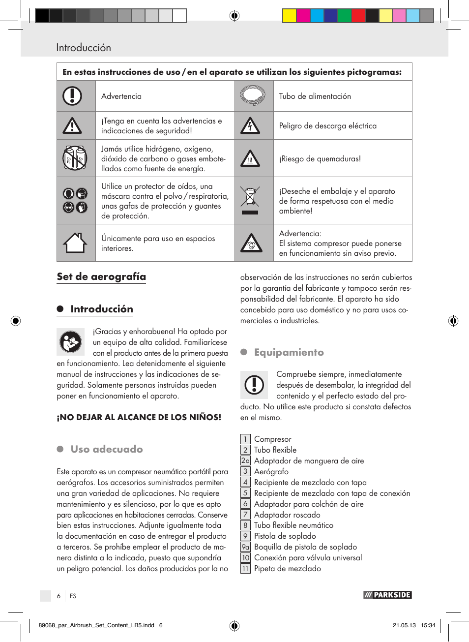 Set de aerografía introducción, Uso adecuado, Equipamiento | Parkside PABK 60 A1 User Manual | Page 6 / 55