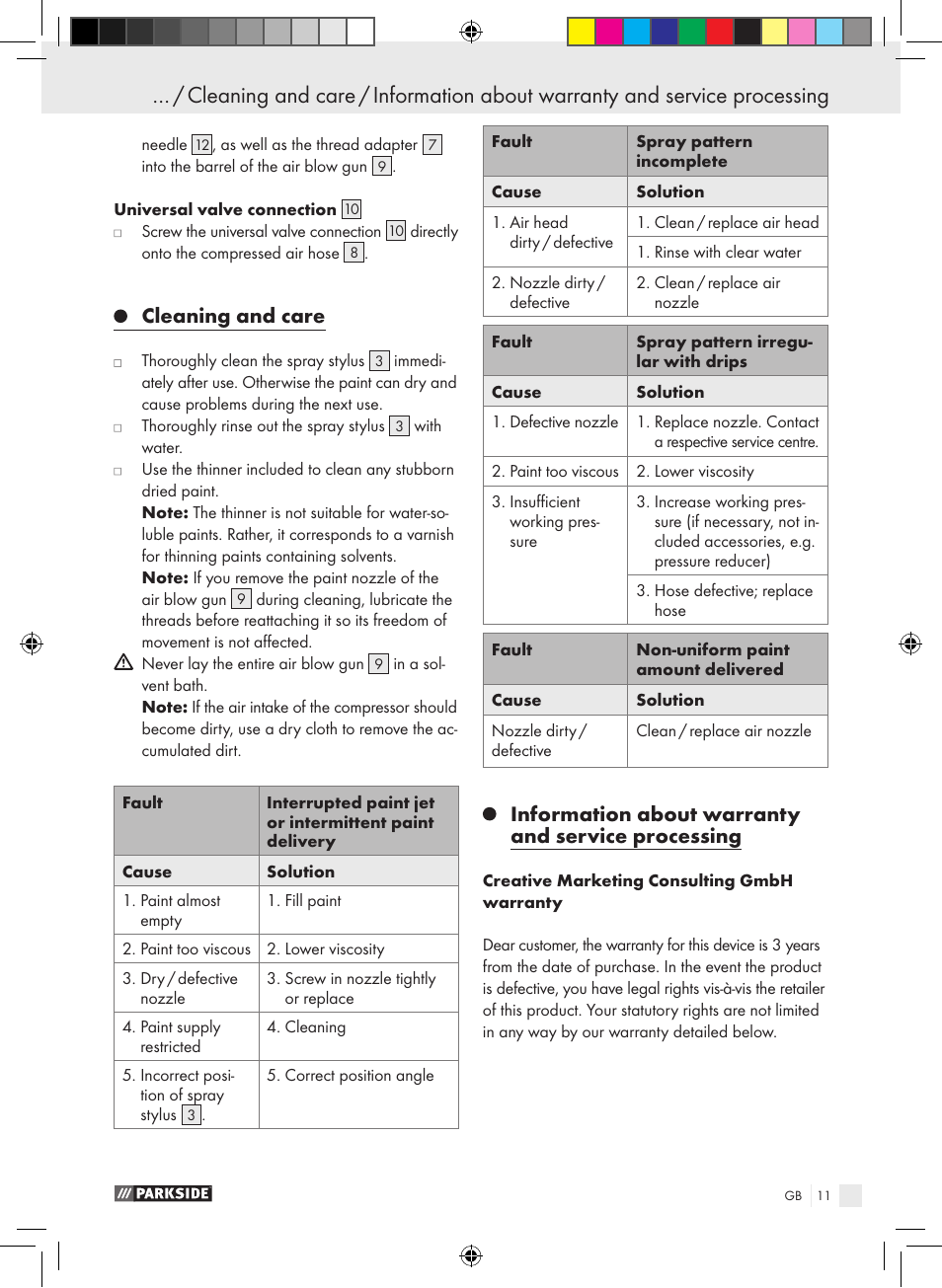 Cleaning and care, Information about warranty and service processing | Parkside PABK 60 A1 User Manual | Page 11 / 65