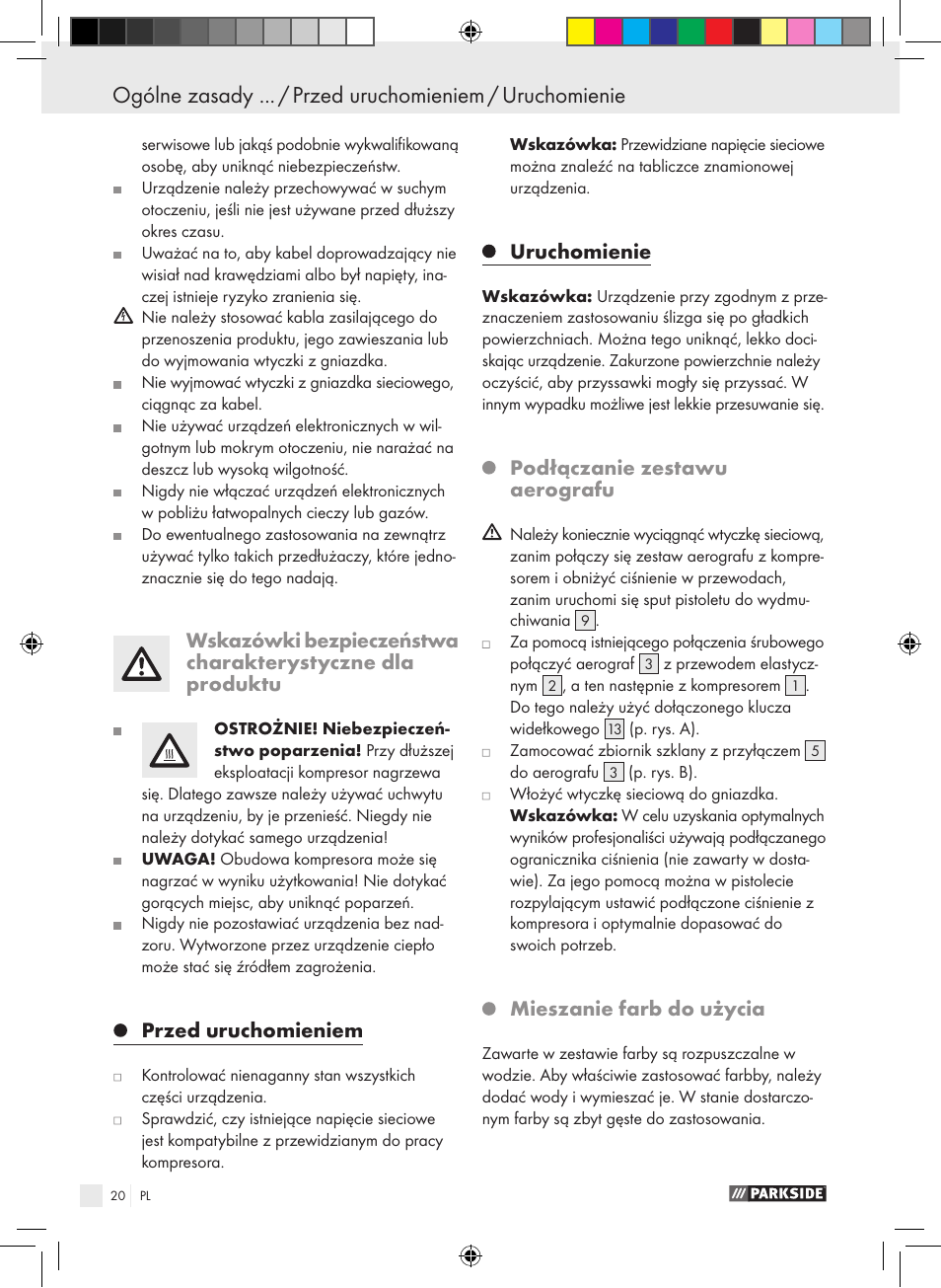 Przed uruchomieniem, Uruchomienie, Podłączanie zestawu aerografu | Mieszanie farb do użycia | Parkside PABK 60 A1 User Manual | Page 20 / 65