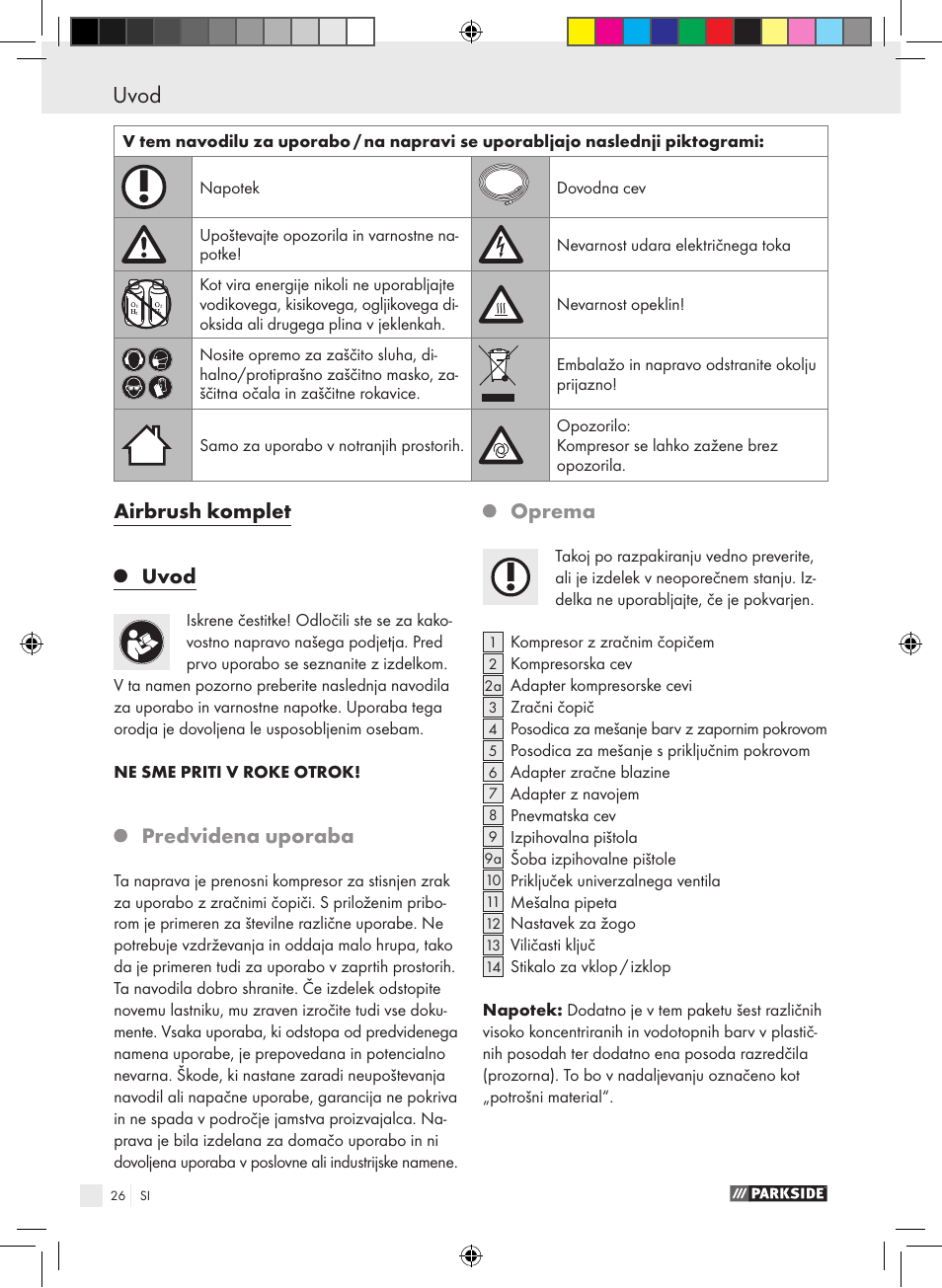 Airbrush komplet uvod, Predvidena uporaba, Oprema | Parkside PABK 60 A1 User Manual | Page 26 / 65