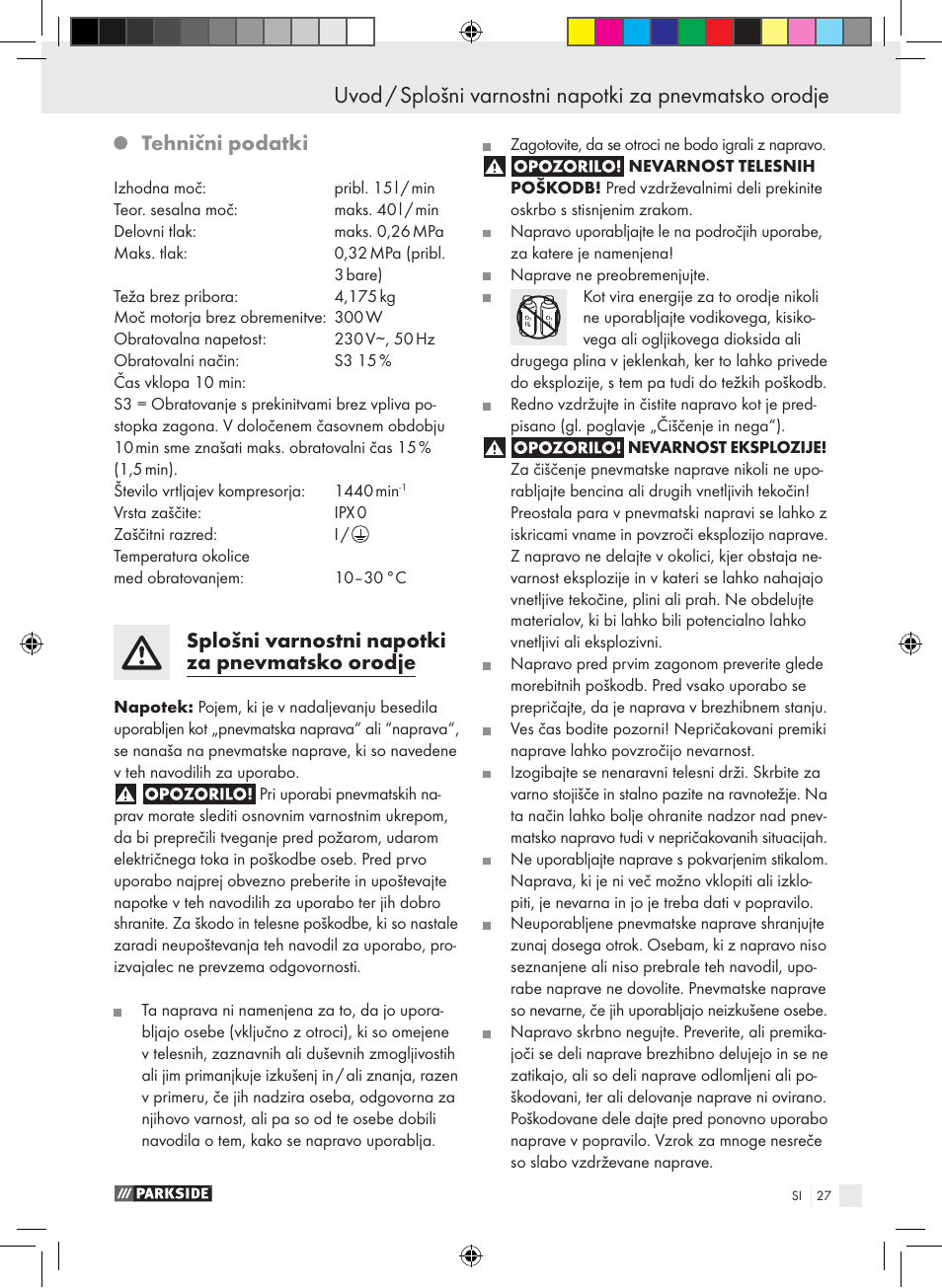Tehnični podatki, Splošni varnostni napotki za pnevmatsko orodje | Parkside PABK 60 A1 User Manual | Page 27 / 65