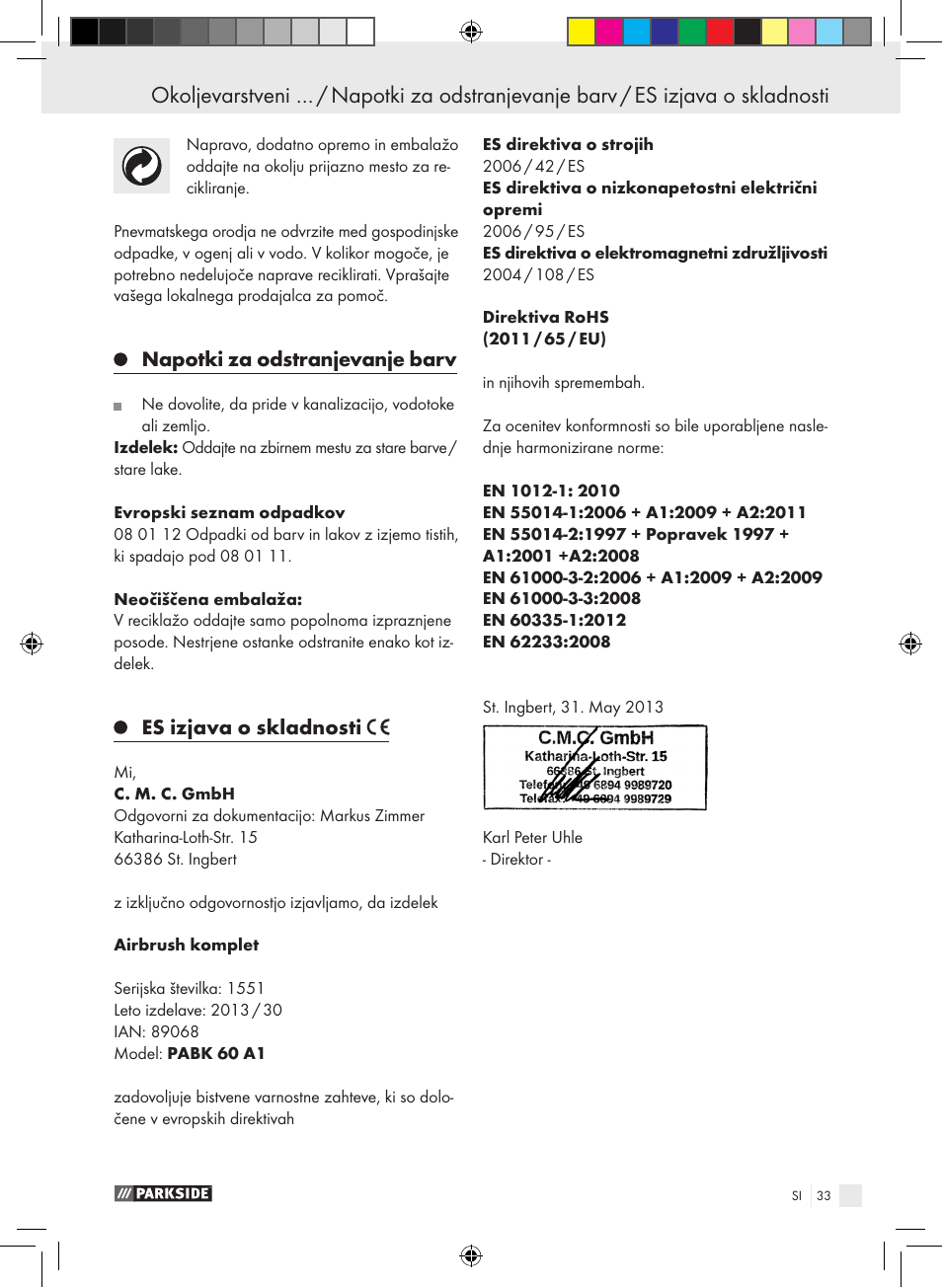 Napotki za odstranjevanje barv, Es izjava o skladnosti | Parkside PABK 60 A1 User Manual | Page 33 / 65