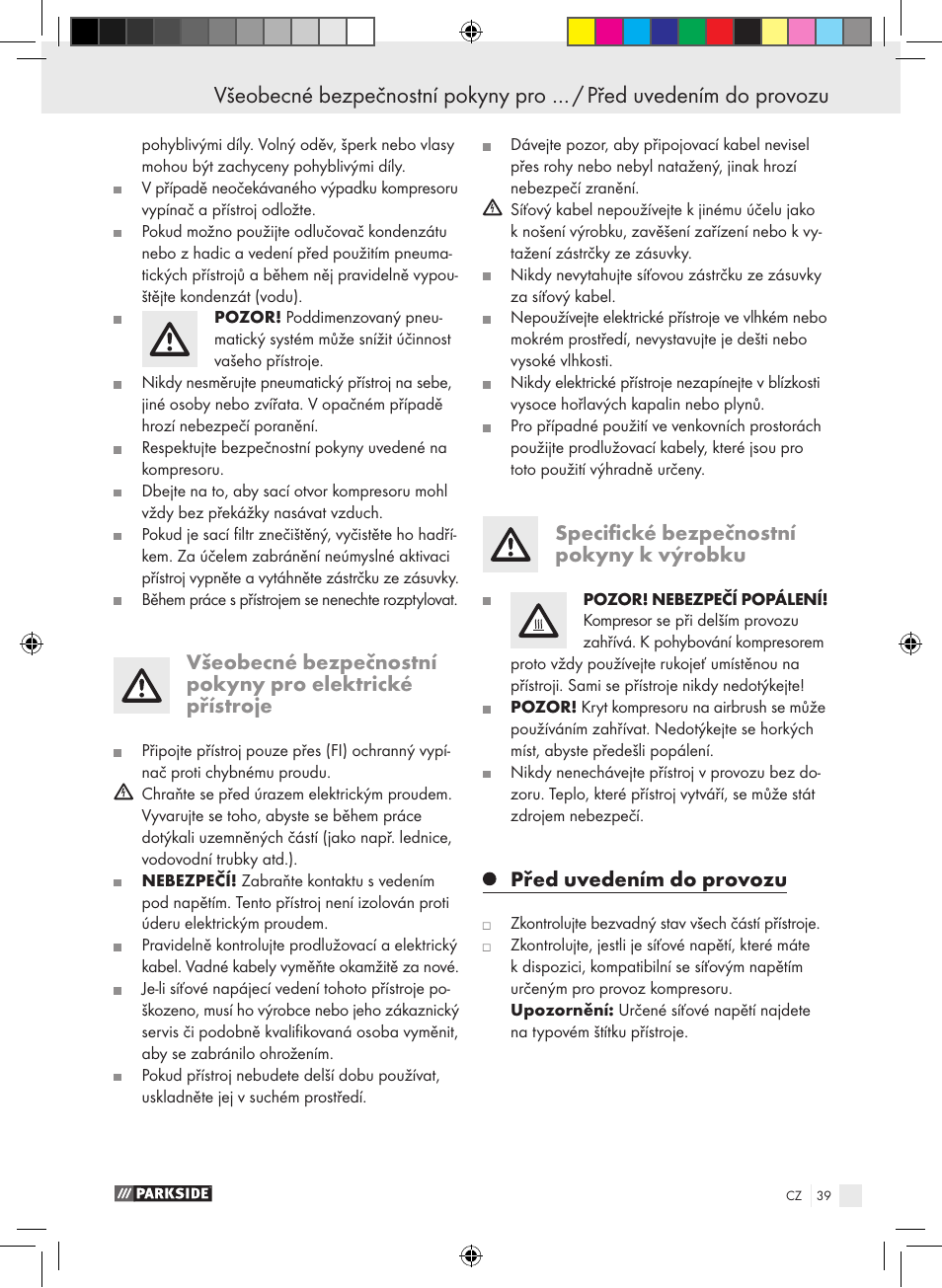 Specifické bezpečnostní pokyny k výrobku, Před uvedením do provozu | Parkside PABK 60 A1 User Manual | Page 39 / 65
