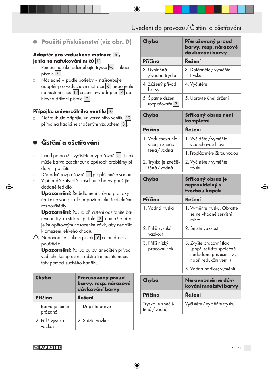 Použití příslušenství (viz obr. d), Čistění a ošetřování | Parkside PABK 60 A1 User Manual | Page 41 / 65