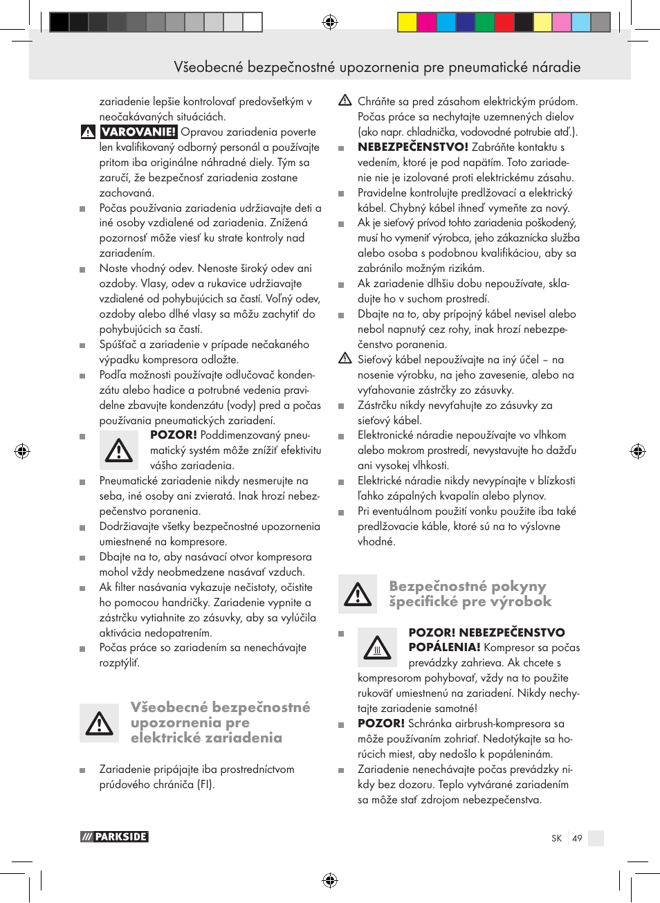 Bezpečnostné pokyny špecifické pre výrobok | Parkside PABK 60 A1 User Manual | Page 49 / 65