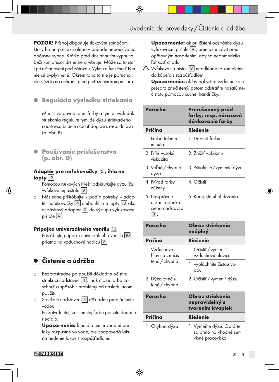 Regulácia výsledku striekania, Používanie príslušenstva (p. obr. d), Čistenie a údržba | Parkside PABK 60 A1 User Manual | Page 51 / 65