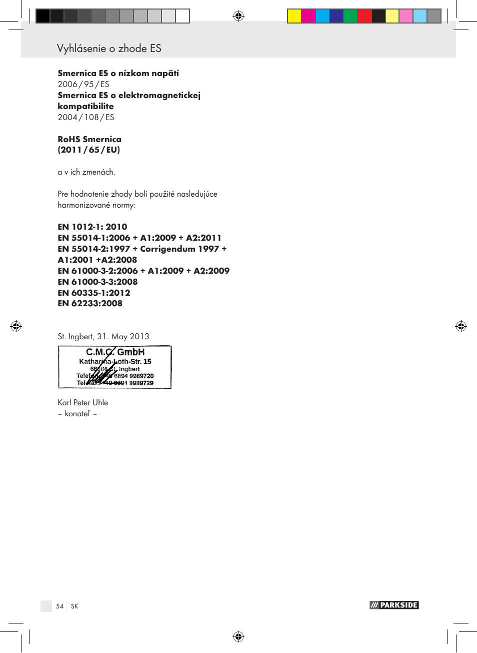Inhaltsverzeichnis vyhlásenie o zhode es | Parkside PABK 60 A1 User Manual | Page 54 / 65