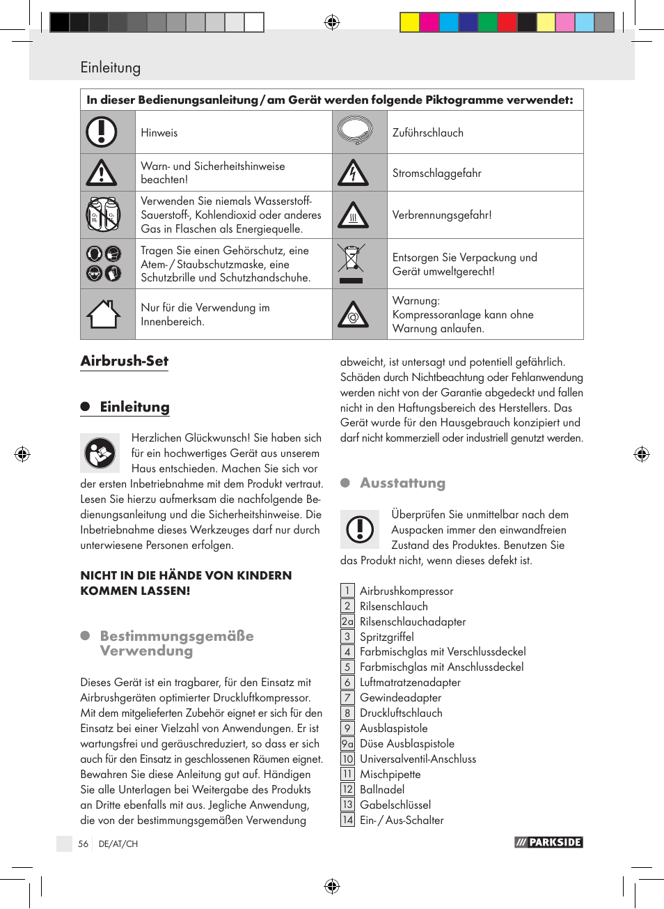 Airbrush-set einleitung, Bestimmungsgemäße verwendung, Ausstattung | Parkside PABK 60 A1 User Manual | Page 56 / 65