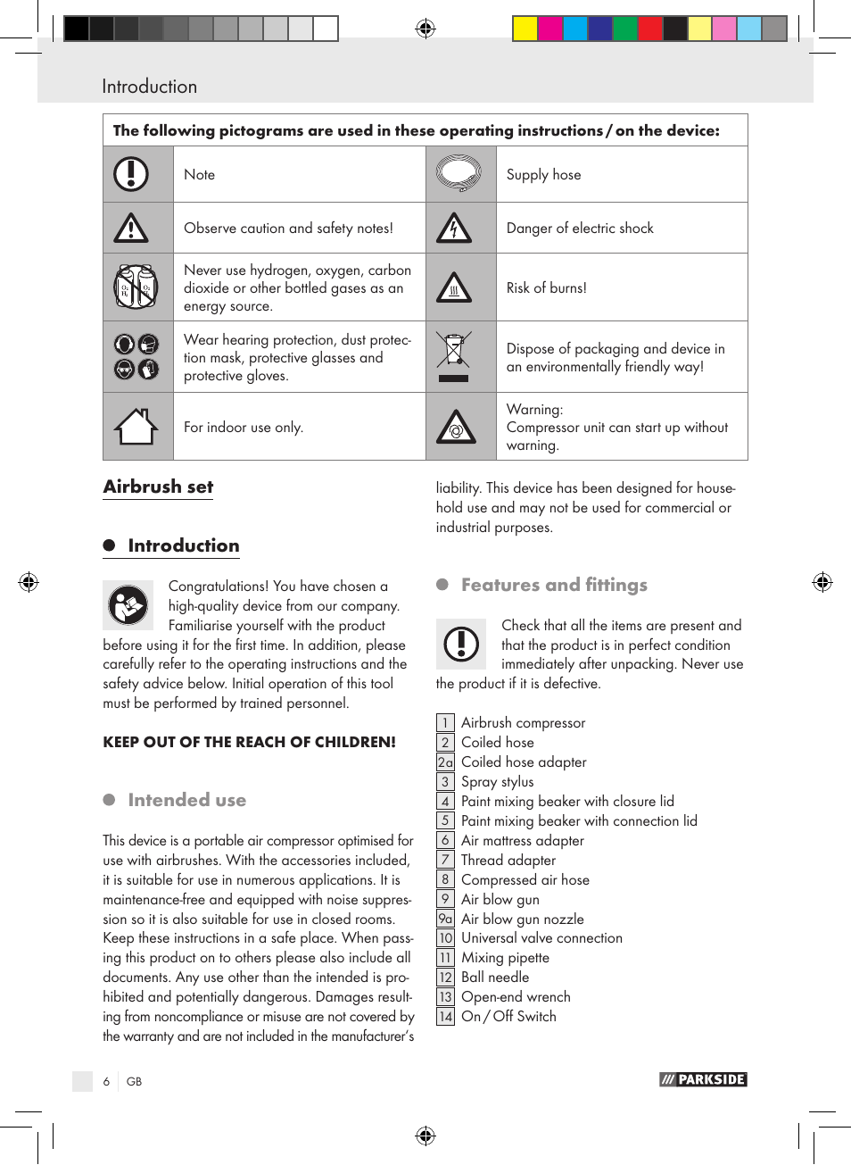 Airbrush set introduction, Intended use, Features and fittings | Parkside PABK 60 A1 User Manual | Page 6 / 65