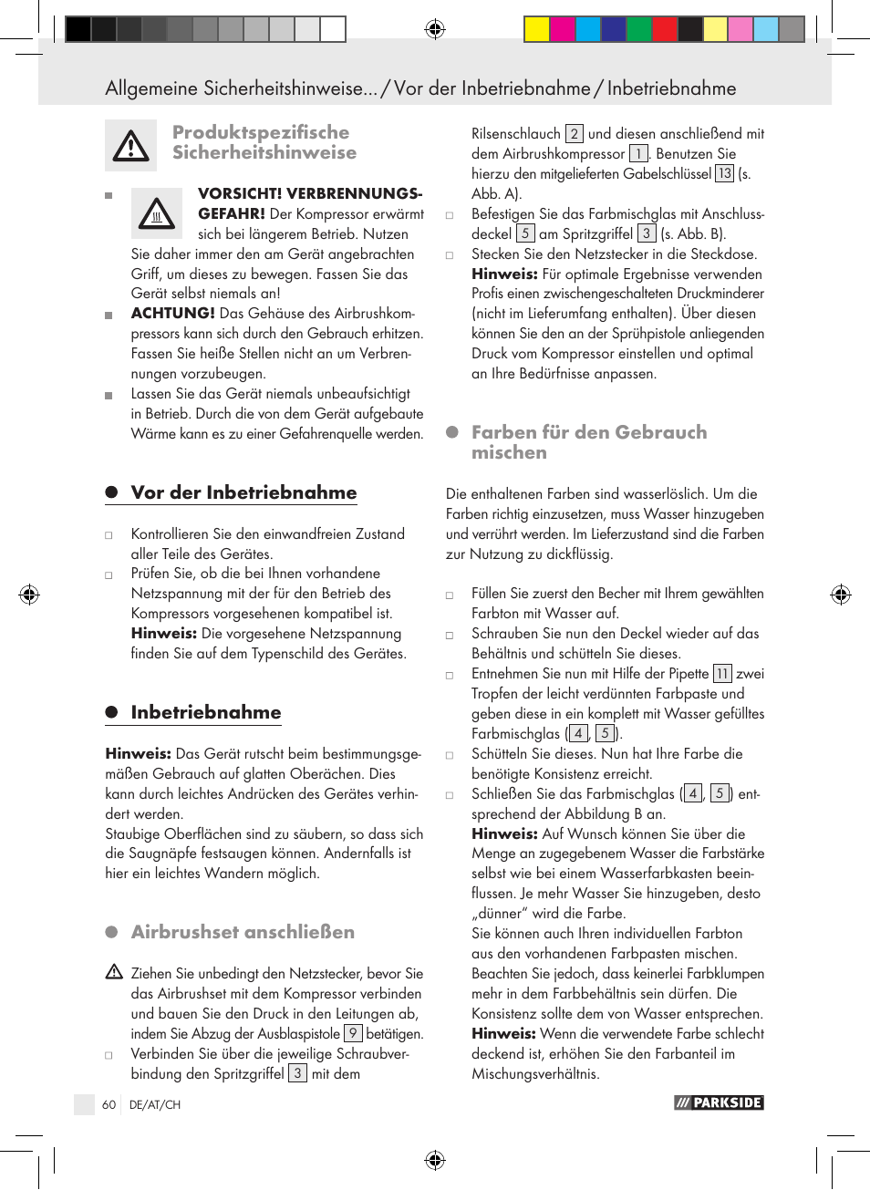 Produktspezifische sicherheitshinweise, Vor der inbetriebnahme, Inbetriebnahme | Airbrushset anschließen, Farben für den gebrauch mischen | Parkside PABK 60 A1 User Manual | Page 60 / 65