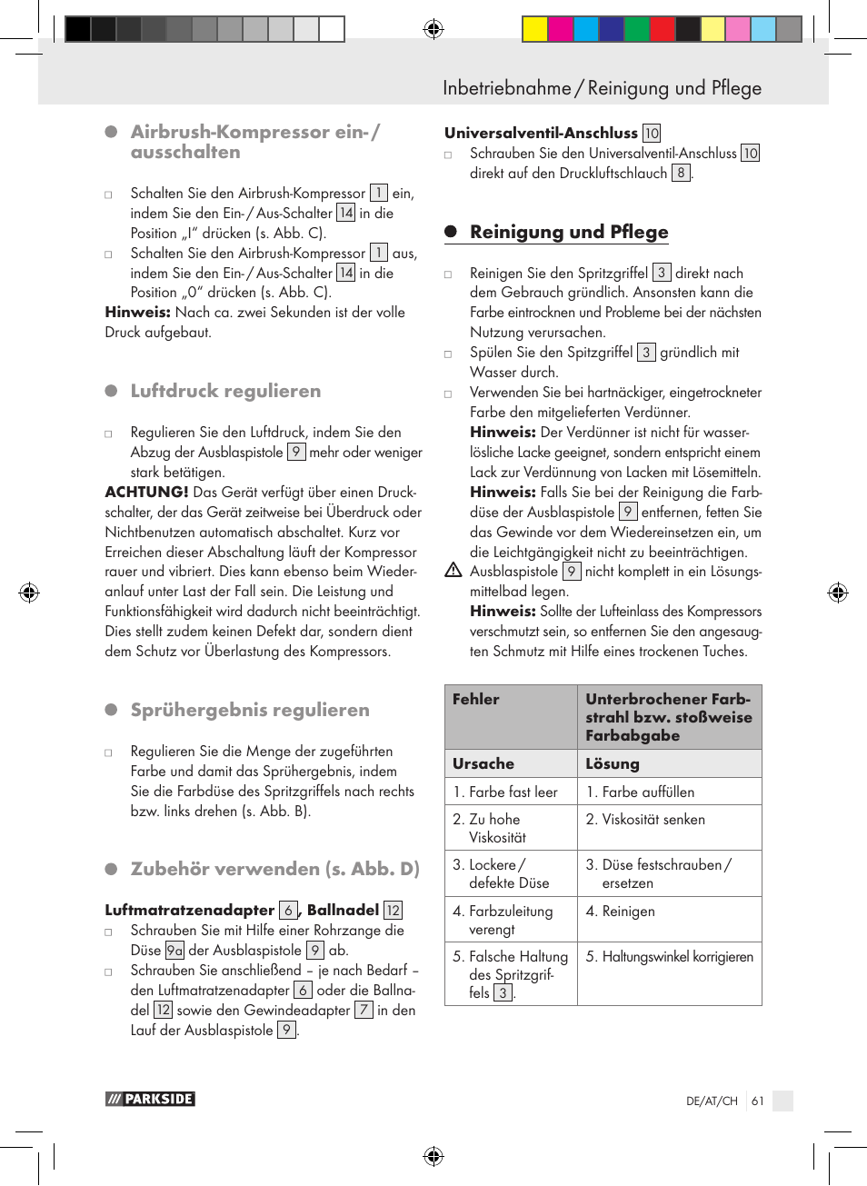 Airbrush-kompressor ein- / ausschalten, Luftdruck regulieren, Sprühergebnis regulieren | Zubehör verwenden (s. abb. d), Reinigung und pflege | Parkside PABK 60 A1 User Manual | Page 61 / 65