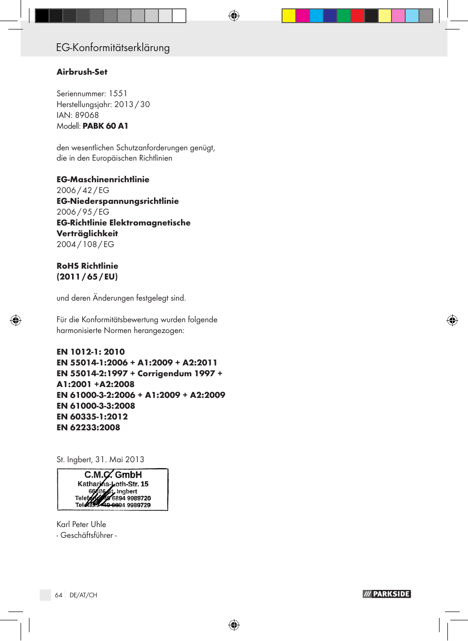 Eg-konformitätserklärung | Parkside PABK 60 A1 User Manual | Page 64 / 65