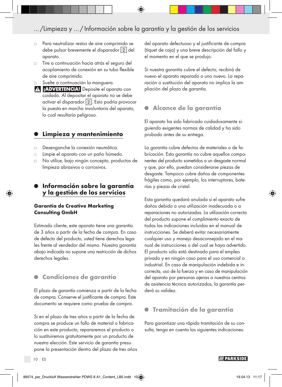 Limpieza y mantenimiento, Condiciones de garantía, Alcance de la garantía | Tramitación de la garantía | Parkside PDWS 8 A1 User Manual | Page 10 / 44