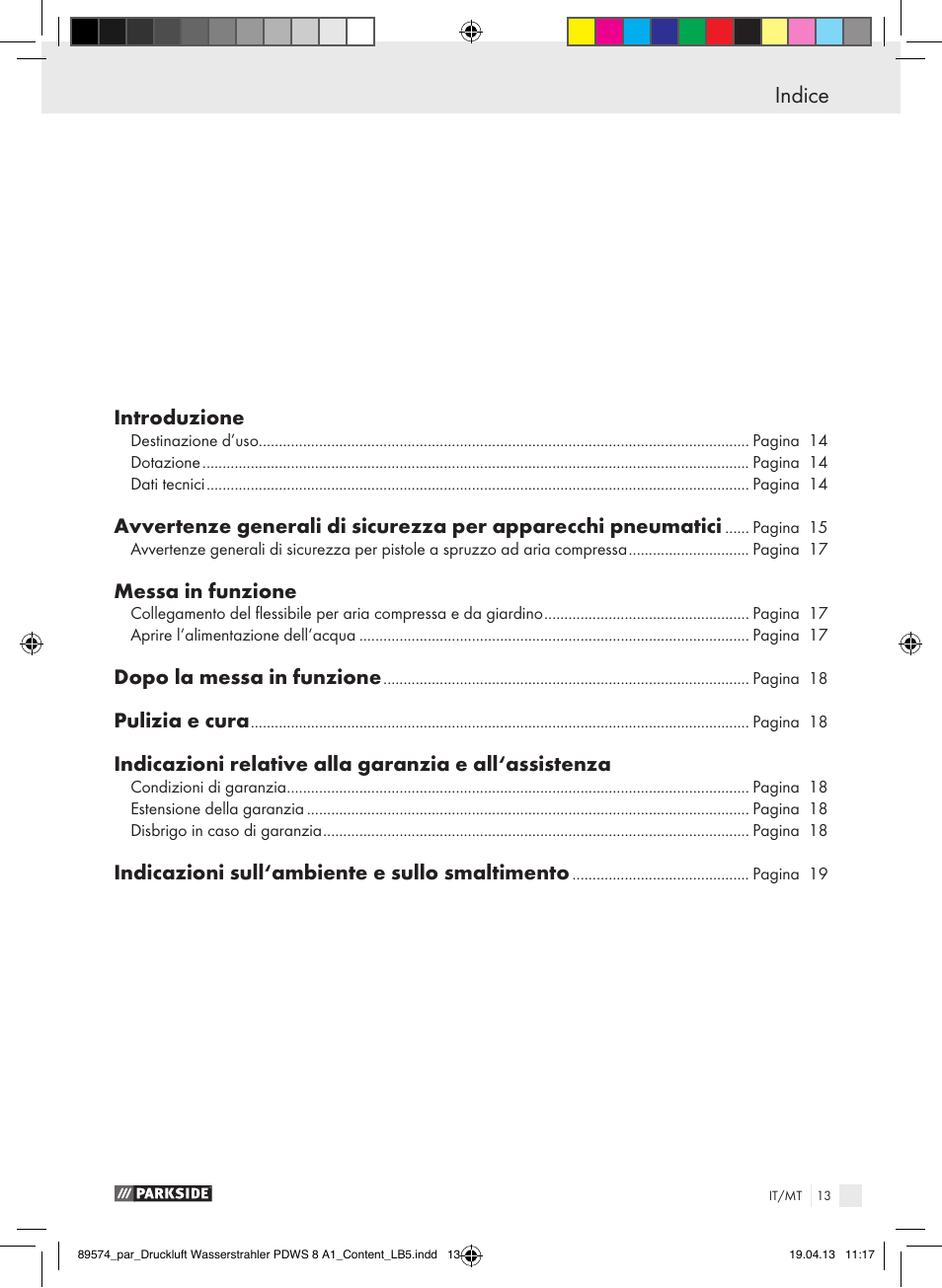 Indice | Parkside PDWS 8 A1 User Manual | Page 13 / 44