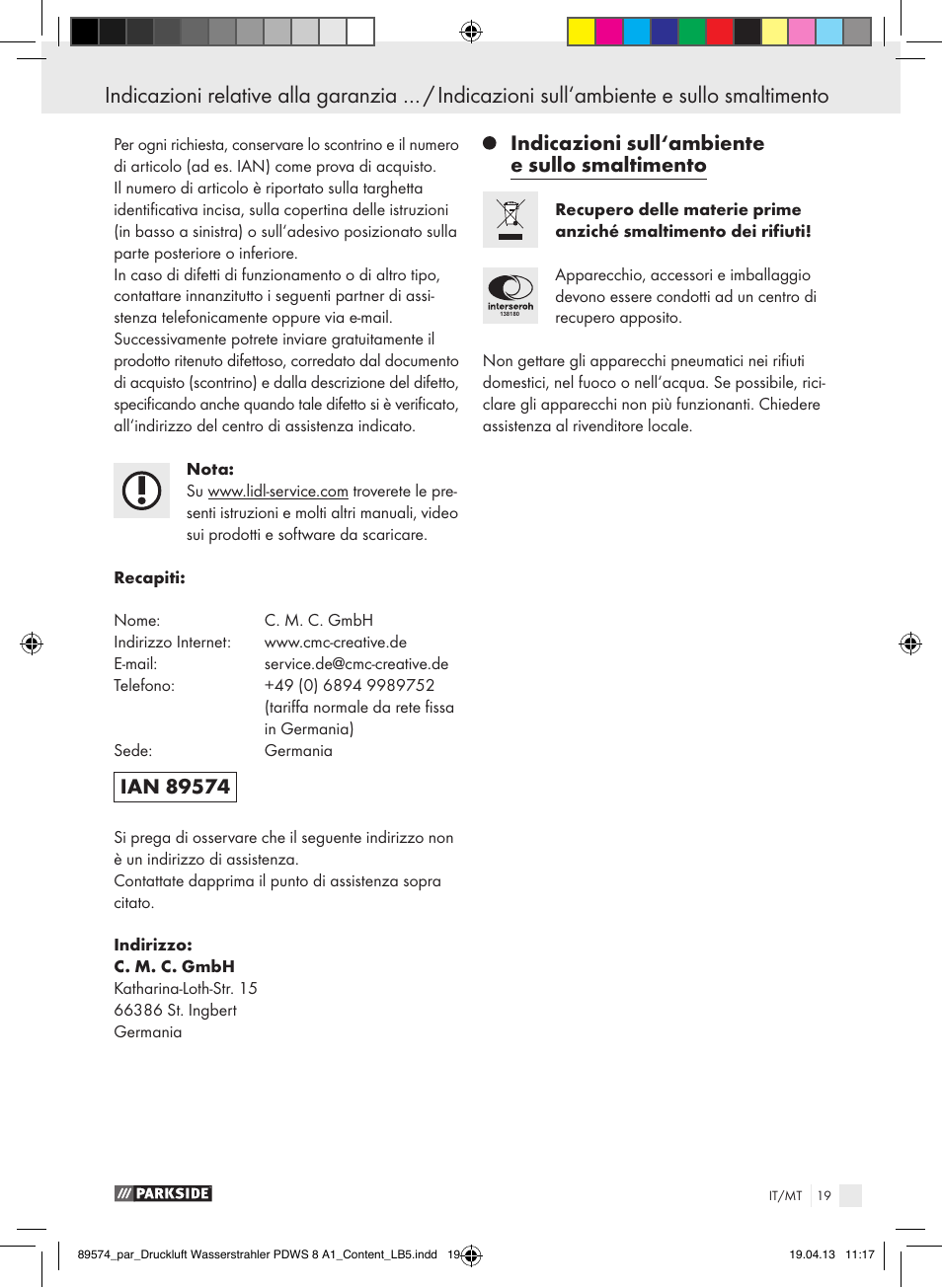 Indicazioni sull‘ambiente e sullo smaltimento | Parkside PDWS 8 A1 User Manual | Page 19 / 44