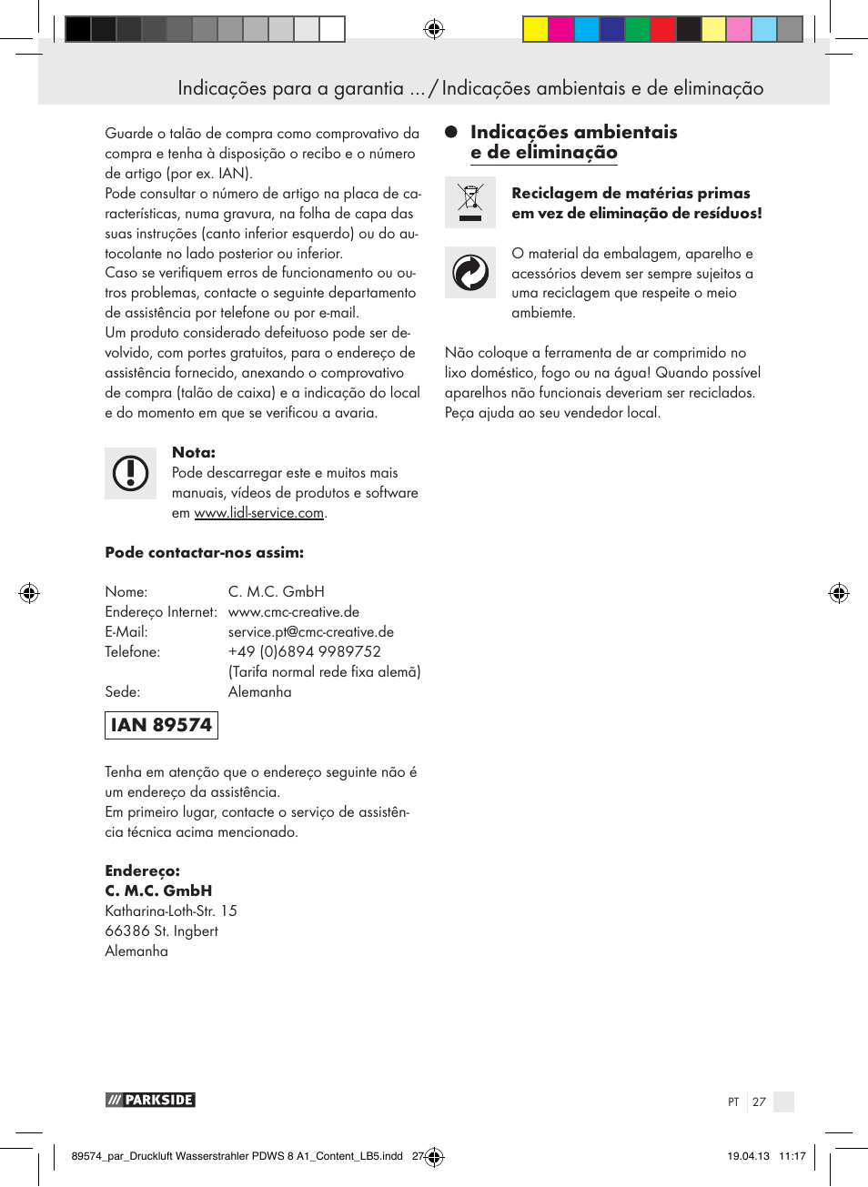 Indicações ambientais e de eliminação | Parkside PDWS 8 A1 User Manual | Page 27 / 44